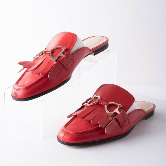 Zara Womens Red Leather Mule Clog Loafers Tassels - Picture 1 of 9